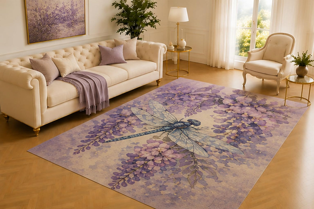 ICE ARMOR 5' x 7' Dragonfly Rug, Delicate Insect Framed by Purple Blossoms and Floral Branches, Soft Floor Cover for Living Room, Bedroom, Nursery and Garden Decor