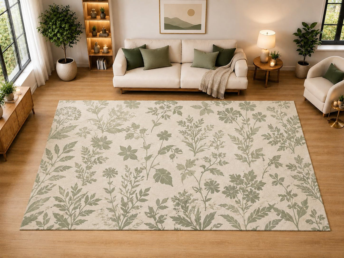 ICE ARMOR "Ultra Light Weight Large 6'7" x 9'10" Wildflower Silhouette Area Rug for Living Room, Bedroom, Dining Room, Soft Low Pile Non-Slip Backing, Muted Green Ivory