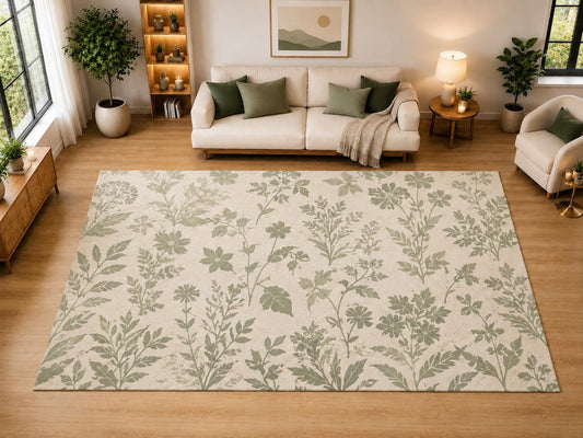 ICE ARMOR "Ultra Light Weight Large 6'7" x 9'10" Wildflower Silhouette Area Rug for Living Room, Bedroom, Dining Room, Soft Low Pile Non-Slip Backing, Muted Green Ivory