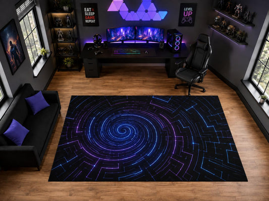 ICE ARMOR "Ultra Light Weight Large 6'7" x 9'10" Neon Circuit Spiral Vortex Area Rug for Playroom Decor, Soft Low Pile Indoor Rug with Non-Slip Silicone Backing, Black Blue Purple