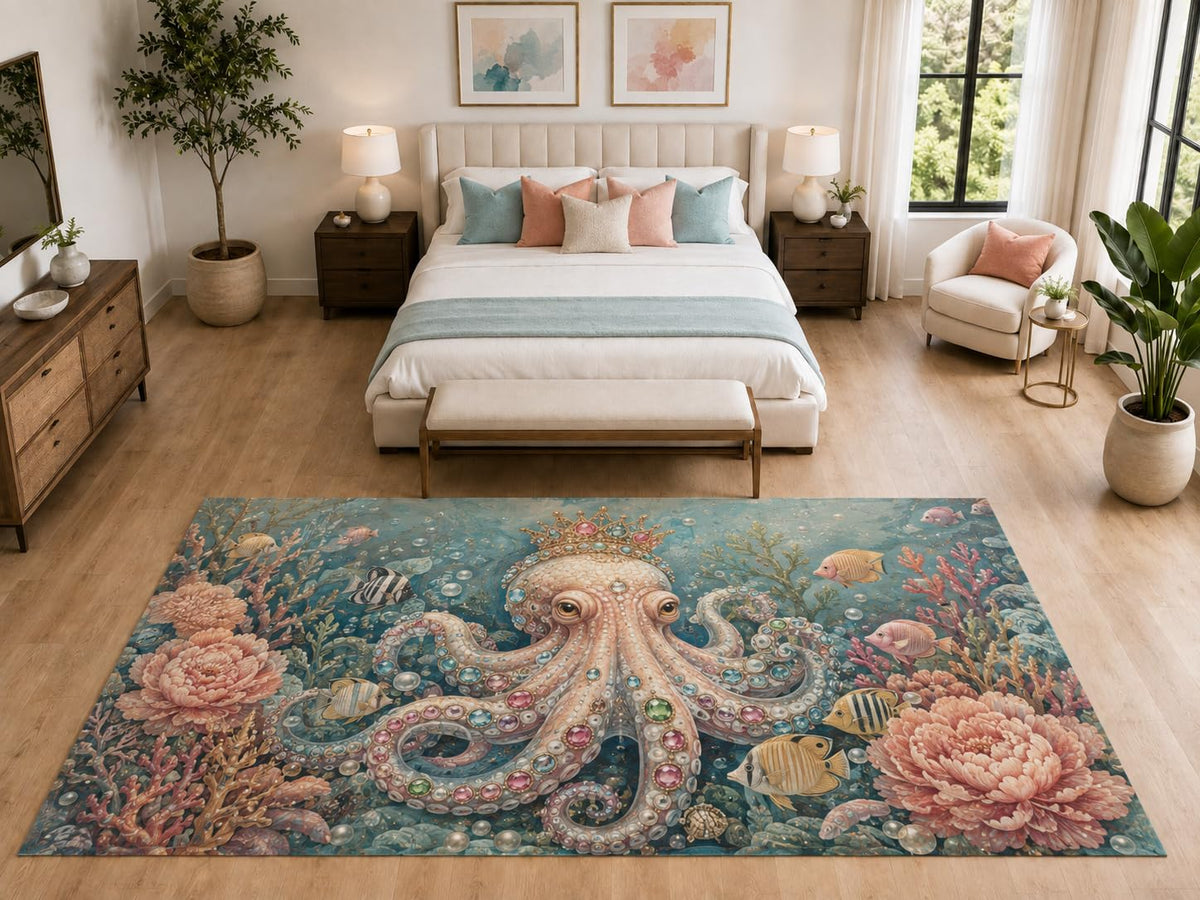 ICE ARMOR "Ultra Light Weight Large 6'7" x 9'10" Crown Octopus Floral Rug for Bedroom, Soft Low Pile Indoor Rug and Non-Slip Silicone Backing, Aqua