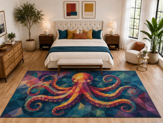 ICE ARMOR "Ultra Light Weight Large 6'7" x 9'10" Colorful Geometric Octopus Rug, Soft Low Pile Indoor Rug, Non-Slip Silicone Backing for Kids Room Navy