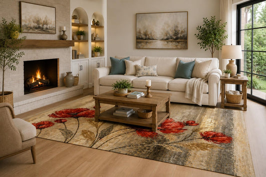 ICE ARMOR 6'7" x 9'10" Red, Gray and Beige Watercolor Poppy Garden Area Rug for Living Room, Soft Low Pile with Non-Slip Backing, Bedroom, Dining Area and Office Decor