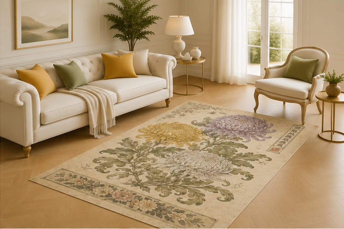 ICE ARMOR 5' x 7' Asian Chrysanthemum Scroll Area Rug for Living Room, Soft Low Pile Floor Mat with Non-Slip Silicone Backing for Bedroom, Tea Room, Office, Kids and Pets