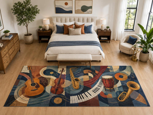 ICE ARMOR "Ultra Light Weight Large 6'7" x 9'10" Vintage Music Instrument Rug, Soft Low Pile Indoor Rug, Non-Slip Silicone Backing for Bedroom Blue