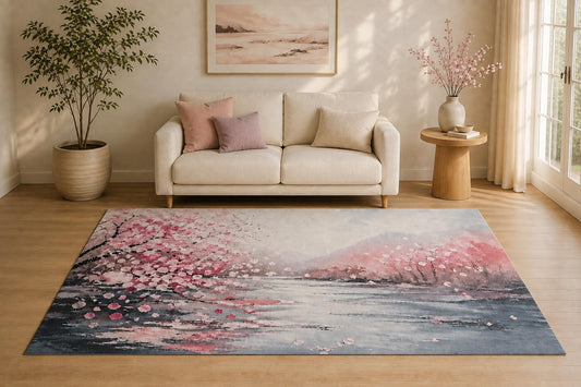 ICE ARMOR "Ultra Light Weight 5' x 7' Cherry Blossom River Area Rug for Living Room, Bedroom and Home Office, Soft Low Pile Carpet with Non-Slip Silicone Backing, Pink and Blue