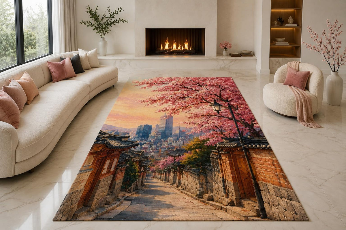 ICE ARMOR "Ultra Lightweight Large 6'7" x 9'10" Cherry Blossom Village Area Rug for Living Room, Bedroom and Home Office, Soft Low Pile Carpet with Non-Slip Silicone Backing, Pink and Brown
