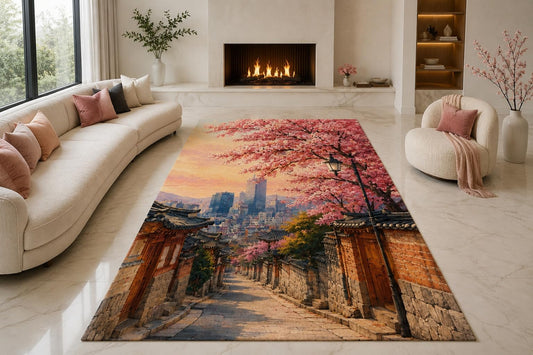 ICE ARMOR "Ultra Lightweight Large 6'7" x 9'10" Cherry Blossom Village Area Rug for Living Room, Bedroom and Home Office, Soft Low Pile Carpet with Non-Slip Silicone Backing, Pink and Brown