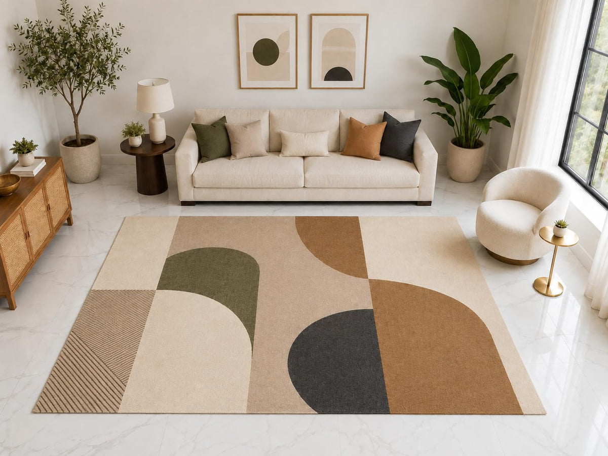 ICE ARMOR "Ultra Light Weight Large 6'7" x 9'10" Modern Abstract Arch Rug, Soft Low Pile Indoor Rug, Non-Slip Silicone Backing for Living Room Beige