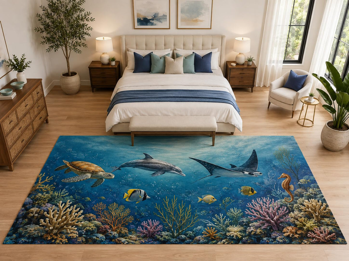 ICE ARMOR "Ultra Light Weight Large 6'7" x 9'10" Dolphin Ray Reef Rug for Bedroom, Soft Low Pile Indoor Rug and Non-Slip Silicone Backing, Deep Blue