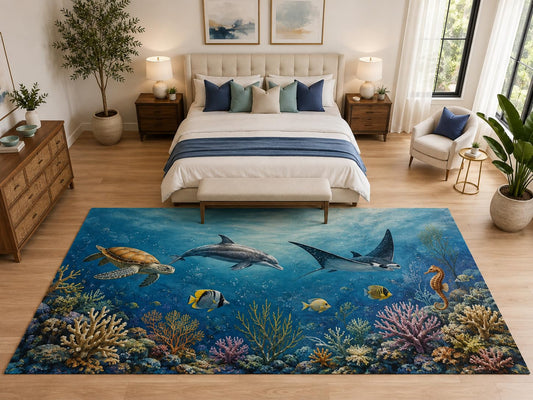 ICE ARMOR "Ultra Light Weight Large 6'7" x 9'10" Dolphin Ray Reef Rug for Bedroom, Soft Low Pile Indoor Rug and Non-Slip Silicone Backing, Deep Blue