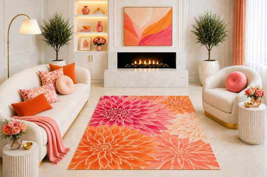 ICE ARMOR "Ultra Light Weight 5' x 7' Orange Pink Dahlia Floral Area Rug, Bold Botanical Flower Design for Living Room Bedroom Dining Room, Non-Slip Silicone Backing Low Pile