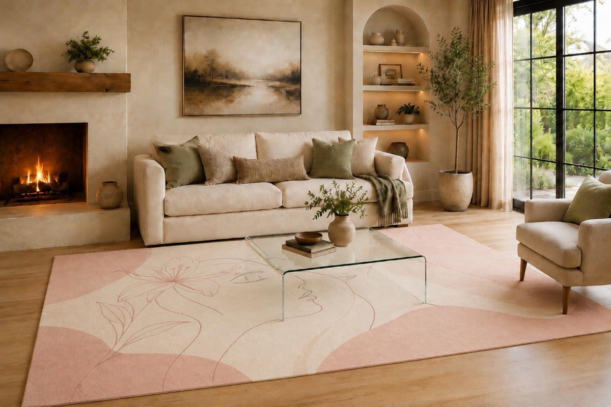 ICE ARMOR Large 6'7" x 9'10" Blush Pink and Cream Floral Profile Area Rug for Living Room, Soft Low Pile Carpet with Non-Slip Backing for Bedroom, Dining Room and Office