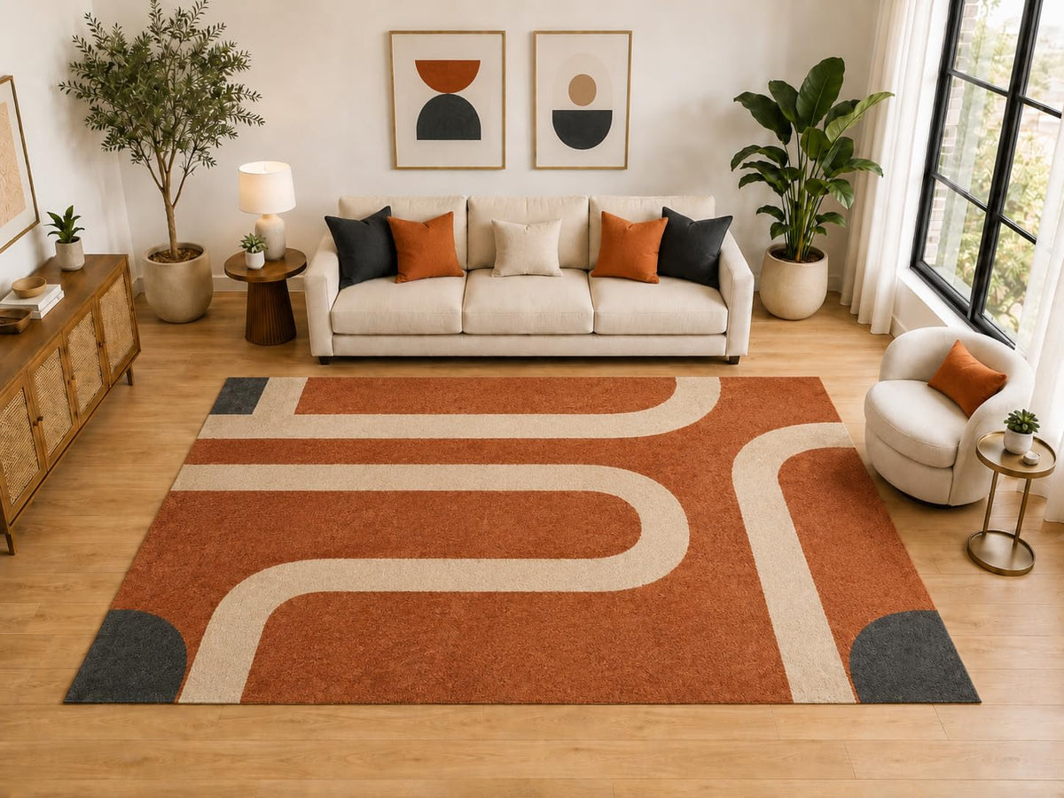 ICE ARMOR Large 6'7" x 9'10" Retro Curved Path Area Rug for for Bedroom, Living Room, Soft Low Pile Indoor Rug with Non-Slip Silicone Backing, Burnt Orange Ivory Charcoal