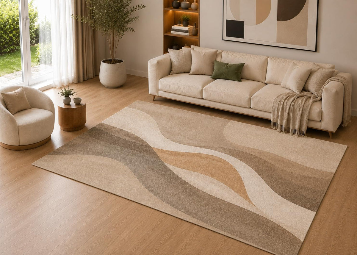 ICE ARMOR 5' x 7' Modern Abstract Waves Area Rug, Soft Low Pile Indoor Rug with Non-Slip Silicone Backing, Contemporary Carpet for Living Room, Bedroom, Office, Family Room, Beige Taupe