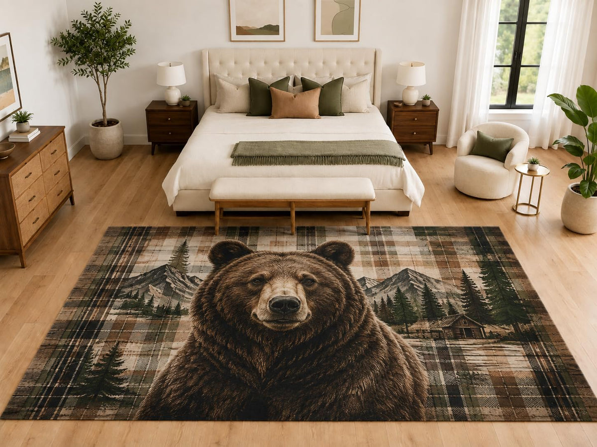 ICE ARMOR "Ultra Light Weight Large 6'7" x 9'10" Grizzly Bear Plaid Rug, Soft Low Pile Indoor Rug, Non-Slip Silicone Backing for Bedroom Brown