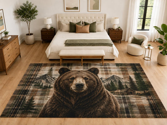 ICE ARMOR "Ultra Light Weight Large 6'7" x 9'10" Grizzly Bear Plaid Rug, Soft Low Pile Indoor Rug, Non-Slip Silicone Backing for Bedroom Brown