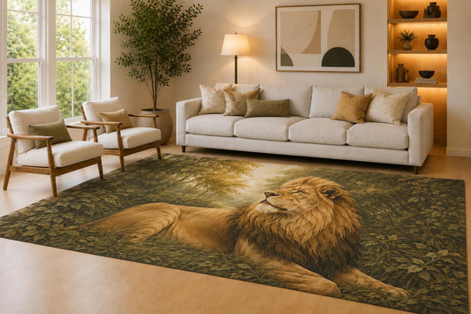 ICE ARMOR Large 6'7" x 9'10" Golden Color & Green Proud Lion Area Rug for Living Room, Soft Low Pile Carpet with Non-Slip Silicone Backing, Decor for Bedroom & Home Office
