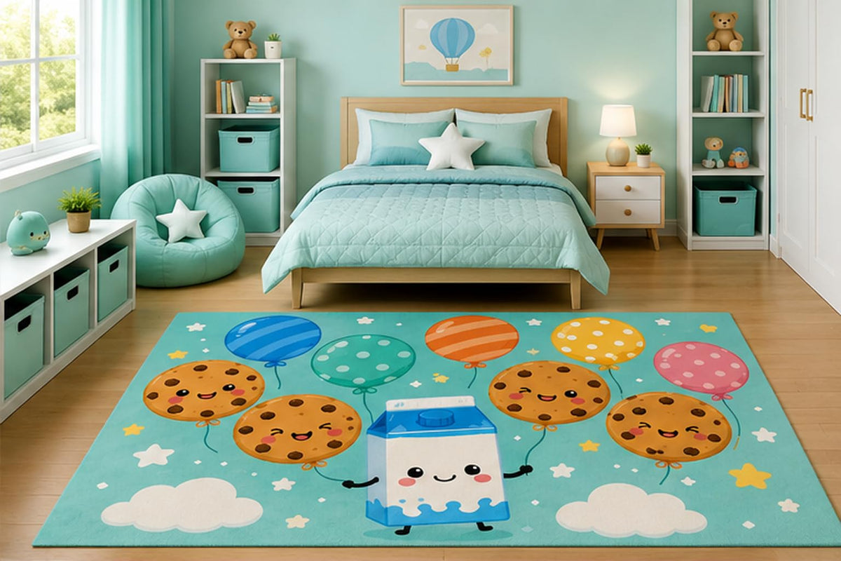 ICE ARMOR 5' x 7' Cute Cookies and Milk Balloons Area Rug for Kids Bedroom Nursery Playroom Scandinavian Minimalist Kawaii Dessert Decor Non-Slip Silicone Backing Low Pile