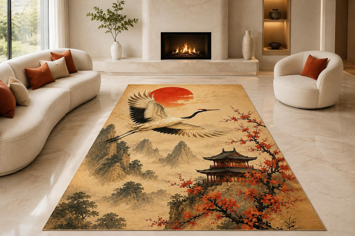 ICE ARMOR "Ultra Lightweight Large 6'7" x 9'10" Crane Pagoda Sunrise Area Rug for Living Room, Bedroom and Home Office, Soft Low Pile Carpet with Non-Slip Silicone Backing, Beige and Red
