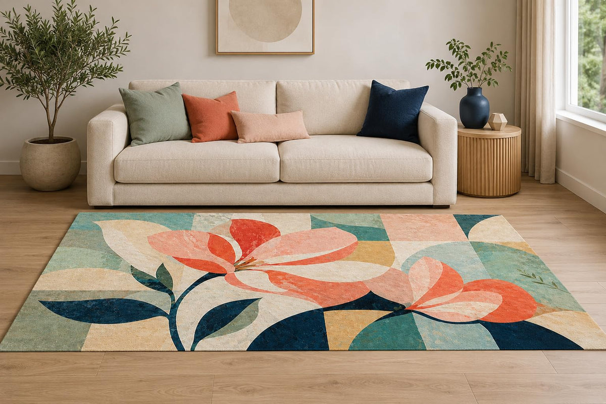 ICE ARMOR "Ultra Lightweight Large 6'7" x 9'10" Geometric Florals Area Rug for Living Room, Bedroom and Home Office, Soft Low Pile Carpet with Non-Slip Silicone Backing, Coral and Teal