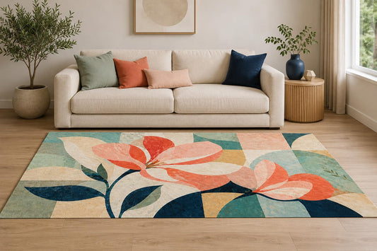 ICE ARMOR "Ultra Lightweight Large 6'7" x 9'10" Geometric Florals Area Rug for Living Room, Bedroom and Home Office, Soft Low Pile Carpet with Non-Slip Silicone Backing, Coral and Teal