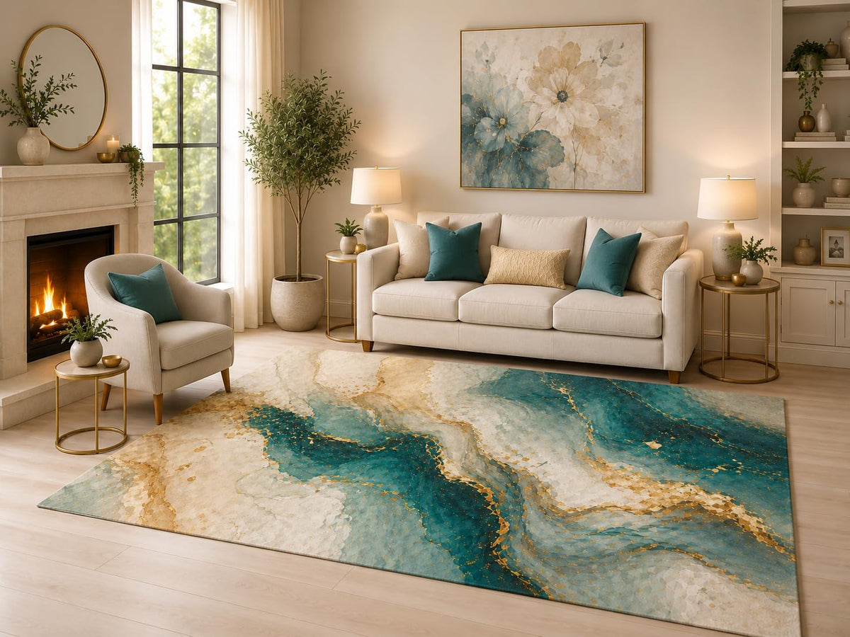 ICE ARMOR 6'7" x 9'10" Teal Ivory Marble Area Rug for Living Room, Soft Low Pile Indoor Rug with Non-Slip Silicone Backing, Decorative Carpet for Bedroom, Dining Room and Office, Teal