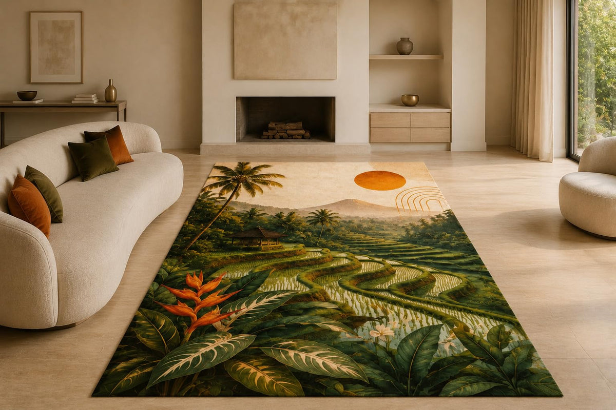 ICE ARMOR "Ultra Lightweight Large 6'7" x 9'10" Rice Terrace Fields Area Rug for Living Room, Bedroom and Home Office, Soft Low Pile Carpet with Non-Slip Silicone Backing, Green and Orange