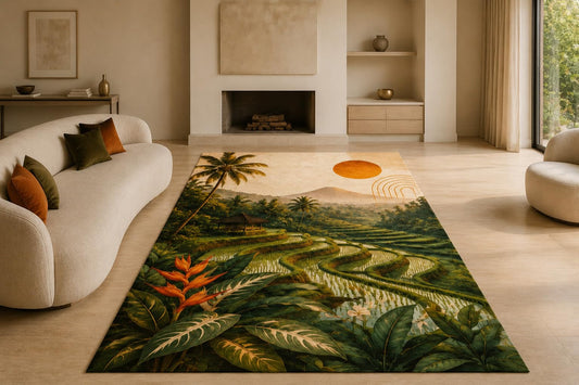 ICE ARMOR "Ultra Lightweight Large 6'7" x 9'10" Rice Terrace Fields Area Rug for Living Room, Bedroom and Home Office, Soft Low Pile Carpet with Non-Slip Silicone Backing, Green and Orange