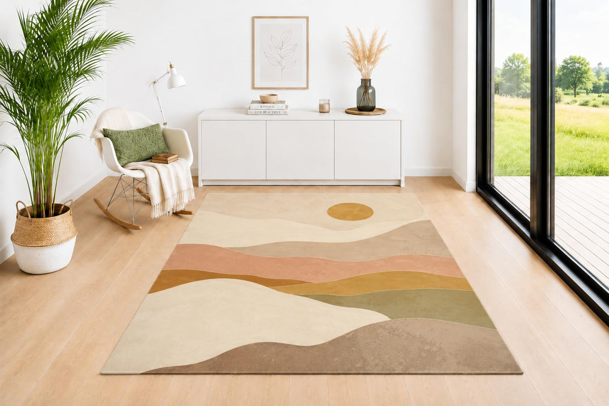 ICE ARMOR 5' x 7' Rolling Hills Area Rug, Modern Earth Tone Pattern in Mustard Olive Green Terracotta Beige and Cream, Soft Low Pile Carpet for Living Room Bedroom Office Decor