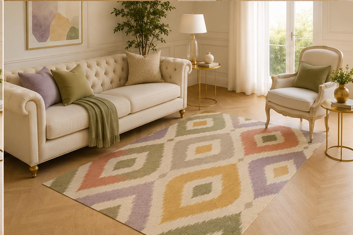 ICE ARMOR 5' x 7' Pastel Ikat Diamond Area Rug for Living Room, Soft Low Pile Decorative Floor Cover with Non-Slip Silicone Backing for Bedroom, Dining Room, Office, Kids and Pets