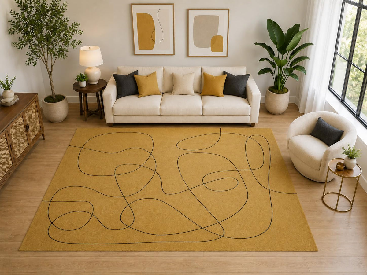 ICE ARMOR Large 6'7" x 9'10" Abstract Continuous Line Area Rug for for Bedroom, Living Room, Soft Low Pile Indoor Rug with Non-Slip Silicone Backing, Mustard Black