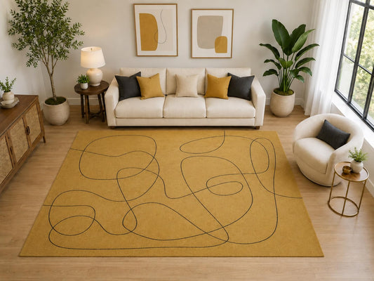 ICE ARMOR Large 6'7" x 9'10" Abstract Continuous Line Area Rug for for Bedroom, Living Room, Soft Low Pile Indoor Rug with Non-Slip Silicone Backing, Mustard Black