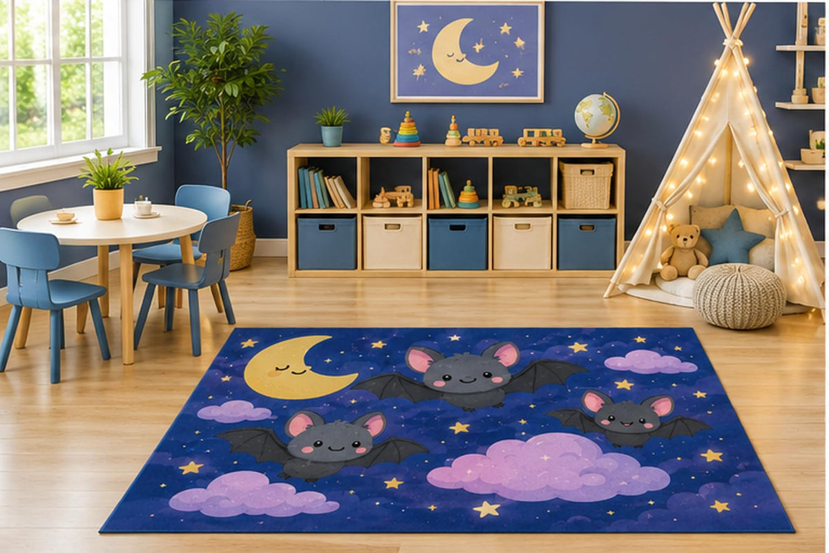 ICE ARMOR 5' x 7' Cute Flying Bats Night Sky Kids Area Rug, Kawaii Halloween Moon Stars Cartoon Playroom Nursery Bedroom Decor, Non-Slip Silicone Backing Low Pile