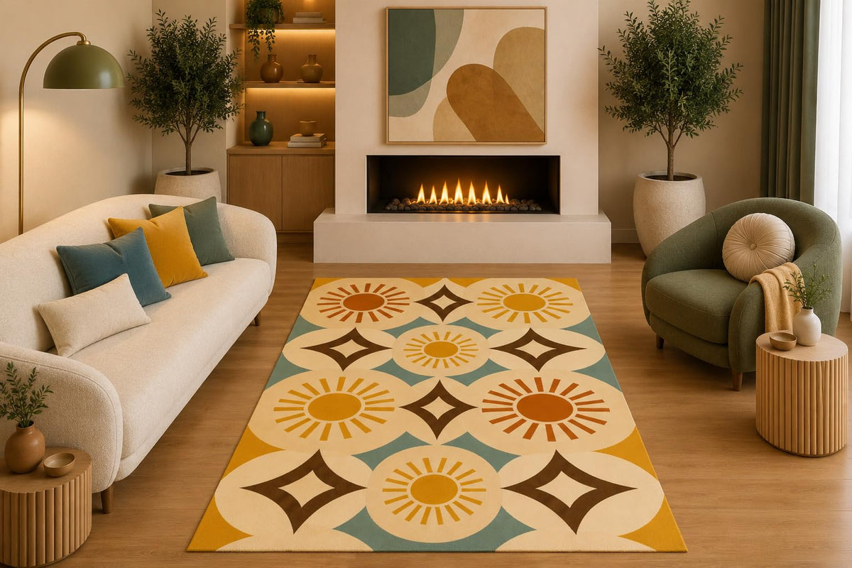 ICE ARMOR 5' x 7' Retro Sunburst Geometric Area Rug Mid Century Modern Mustard Blue Brown Pattern for Living Room Bedroom Dining Room Non-Slip Silicone Backing Low Pile