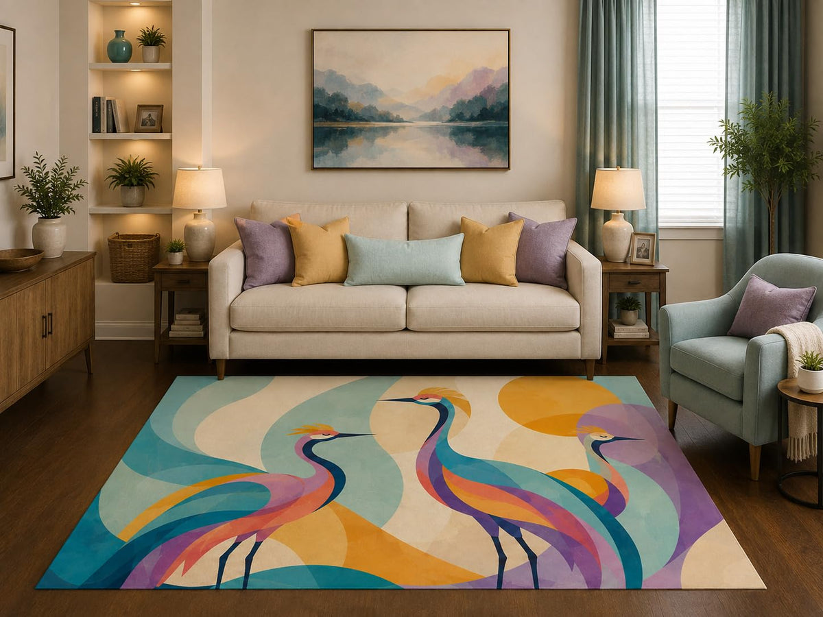 ICE ARMOR 5' x 7' Abstract Heron Bird Area Rug Modern Coastal Wildlife Nature Art Living Room Bedroom Dining Room Decor Non-Slip Silicone Backing Low Pile