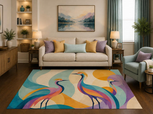 ICE ARMOR 5' x 7' Abstract Heron Bird Area Rug Modern Coastal Wildlife Nature Art Living Room Bedroom Dining Room Decor Non-Slip Silicone Backing Low Pile