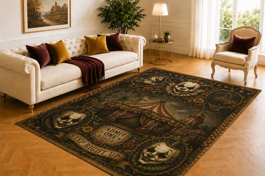 ICE ARMOR 5' x 7' Dark Carnival Rug, Creepy Clown Mask and Carousel Illustration, Smooth Printed Floor Cover for Game Room, Lounge, Bedroom and Halloween Decor