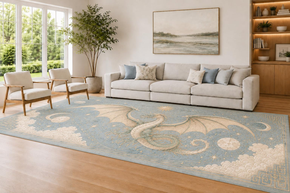 ICE ARMOR Large 6'7" x 9'10" Sky Blue and Cream Celestial Dragon Accent Area Rug for Living Room, Soft Low Pile Carpet with Non-Slip Silicone Backing, Decor for Bedroom and Home Office