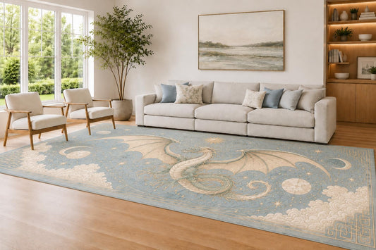 ICE ARMOR Large 6'7" x 9'10" Sky Blue and Cream Celestial Dragon Accent Area Rug for Living Room, Soft Low Pile Carpet with Non-Slip Silicone Backing, Decor for Bedroom and Home Office