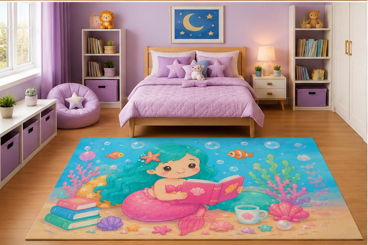 ICE ARMOR 5' x 7' Mermaid Reading Storybook Area Rug for Girls Bedroom Nursery Playroom Scandinavian Minimalist Ocean Learning Coastal Decor Non-Slip Silicone Backing Low Pile