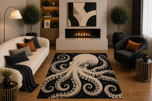 ICE ARMOR "Ultra Light Weight 5' x 7' Black Cream Octopus Area Rug Vintage Nautical Sea Life Art for Living Room Bedroom Office Non-Slip Silicone Backing Low Pile