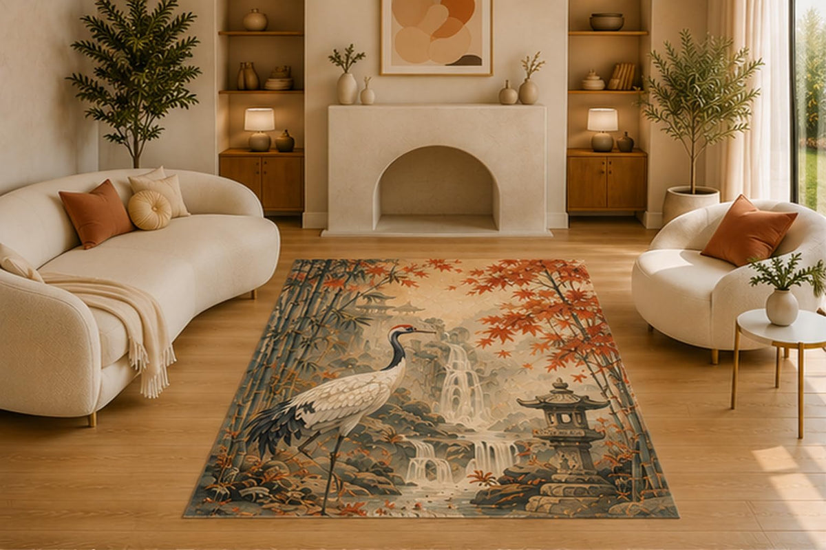 ICE ARMOR 5' x 7' Japanese Crane Bamboo Garden Area Rug, Soft Low Pile Indoor Rug with Non-Slip Silicone Backing for Living Room, Bedroom, Dining Room, Office, Autumn Sage