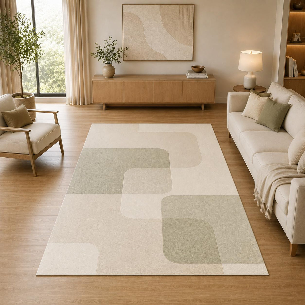 ICE ARMOR 5' x 7' Modern Rounded Geometric Area Rug for Living Room, Soft Low Pile Indoor Rug with Non-Slip Silicone Backing, Decorative Carpet for Bedroom, Office, Family Room, Sage Green
