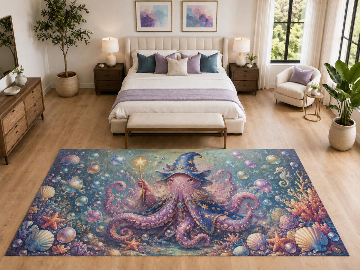 ICE ARMOR "Ultra Light Weight Large 6'7" x 9'10" Wizard Octopus Ocean Rug for Bedroom, Soft Low Pile Indoor Rug and Non-Slip Silicone Backing, Purple
