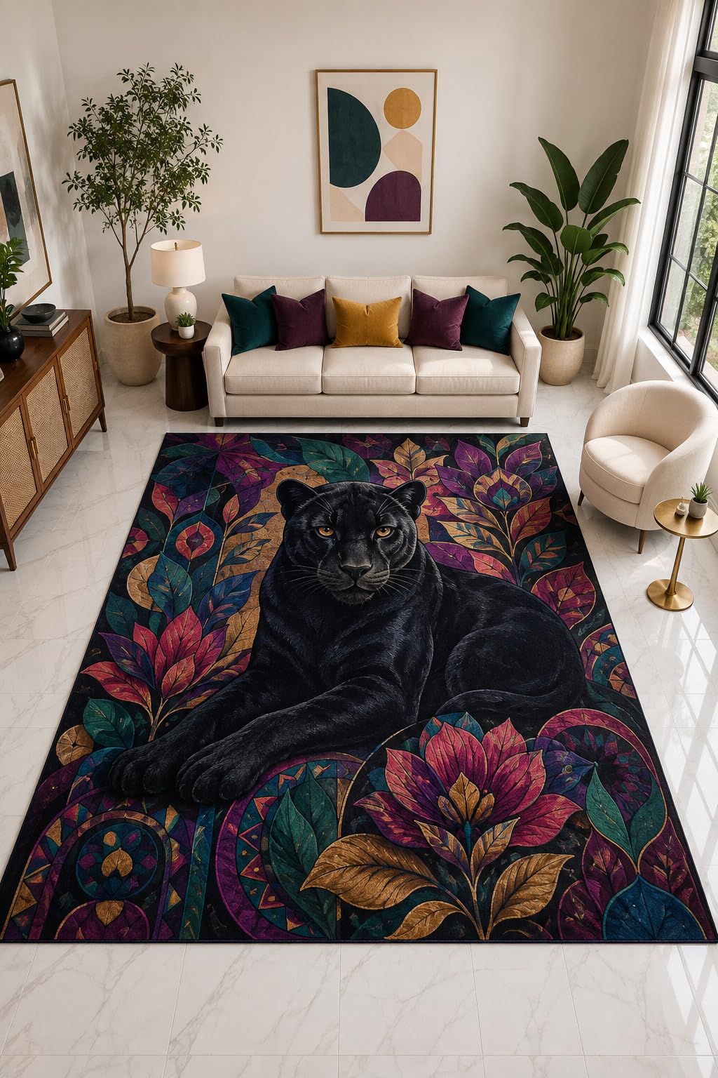 ICE ARMOR "Ultra Light Weight Large 6'7" x 9'10" Black Panther Floral Rug, Soft Low Pile Indoor Rug, Non-Slip Silicone Backing for Living Room Black
