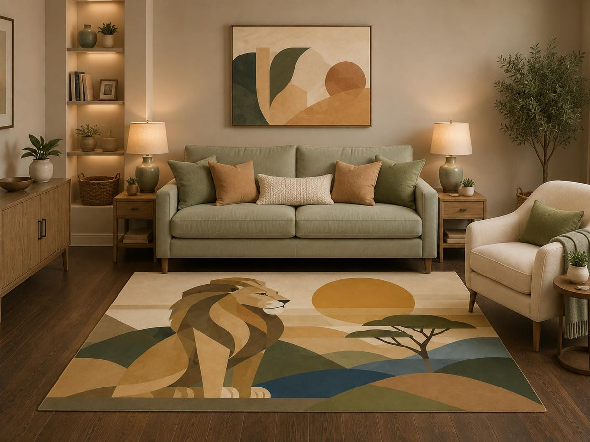 ICE ARMOR 5' x 7' Geometric Lion Safari Area Rug Modern Wildlife Landscape Design for Living Room Bedroom Office Rustic Home Decor Non-Slip Silicone Backing Low Pile