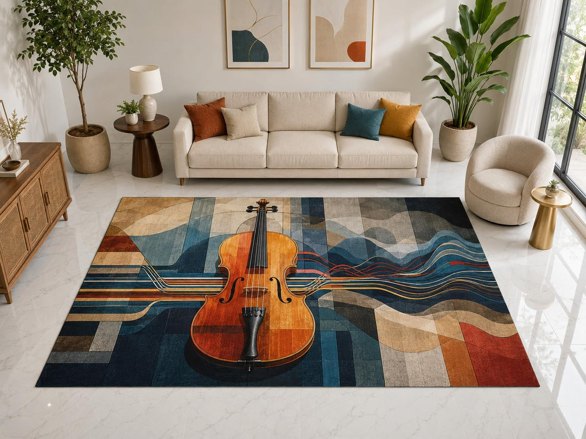 ICE ARMOR "Ultra Light Weight Large 6'7" x 9'10" Abstract Violin Rug, Soft Low Pile Indoor Rug, Non-Slip Silicone Backing for Living Room Blue