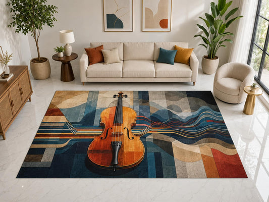 ICE ARMOR "Ultra Light Weight Large 6'7" x 9'10" Abstract Violin Rug, Soft Low Pile Indoor Rug, Non-Slip Silicone Backing for Living Room Blue