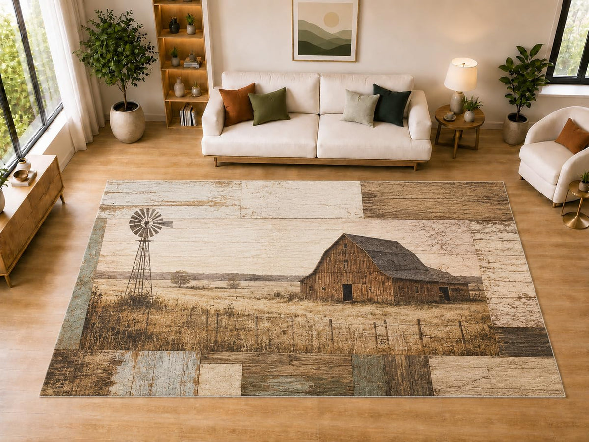 ICE ARMOR "Ultra Light Weight Large 6'7" x 9'10" Barn Windmill Area Rug for Dining, Living Room, Bedroom, Soft Low Pile Indoor Rug with Non-Slip Silicone Backing, Brown Cream